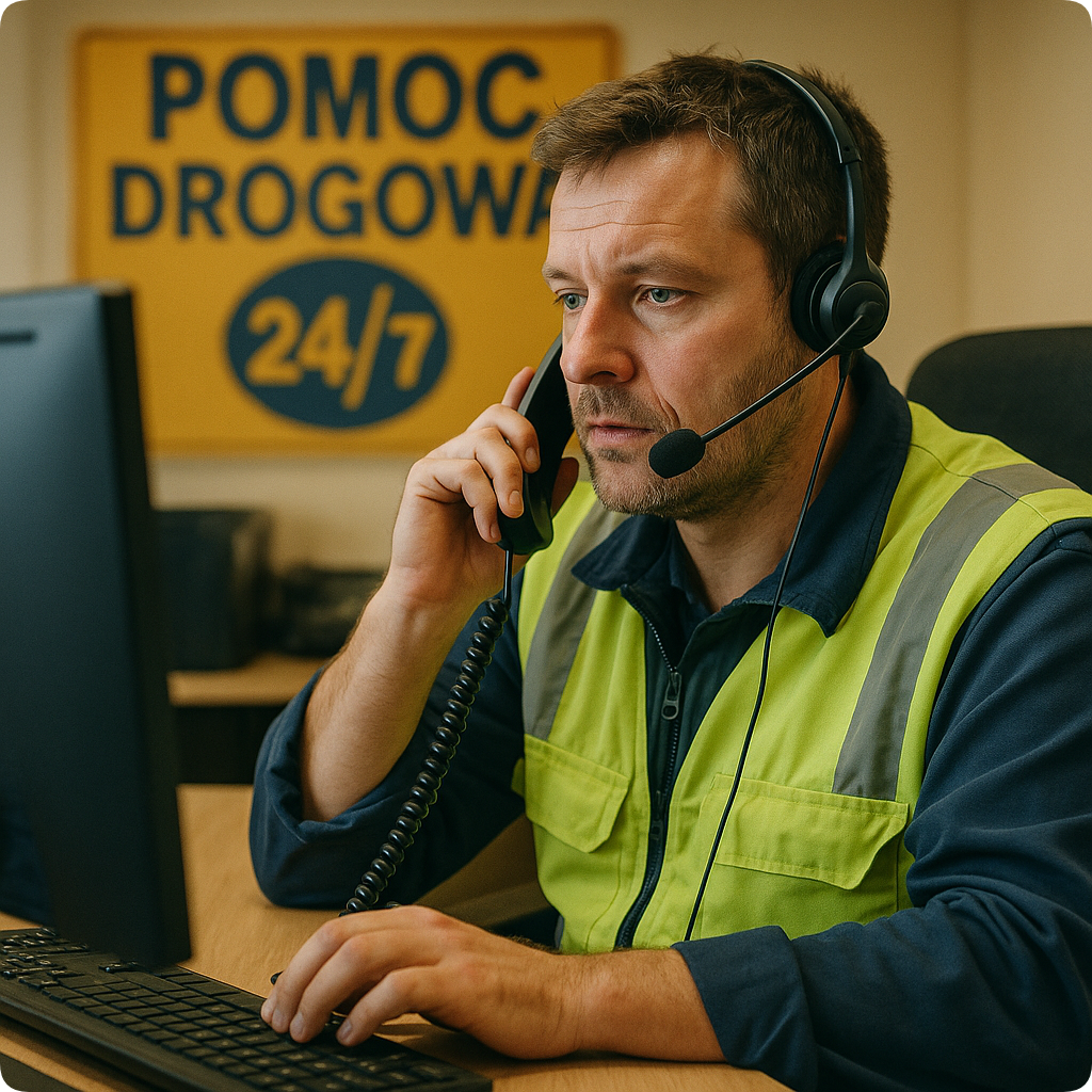 Dyspozytor pomocy drogowej Tarnów 24/7 w słuchawce, pracujący przy komputerze i obsługujący zgłoszenia kierowców z Tarnowa i regionu