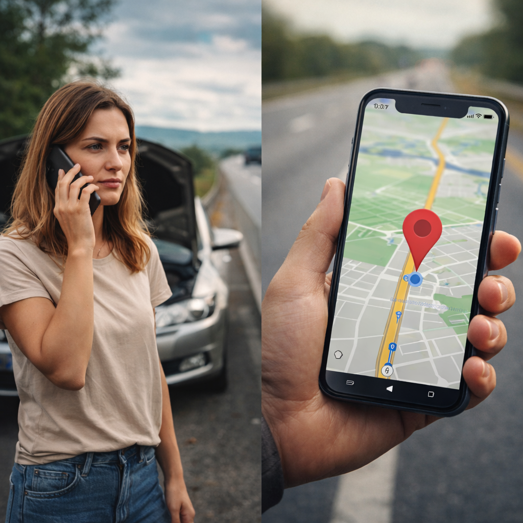 Jak podać lokalizację lawecie – kierowca na pasie awaryjnym wysyłający lokalizację z telefonu
