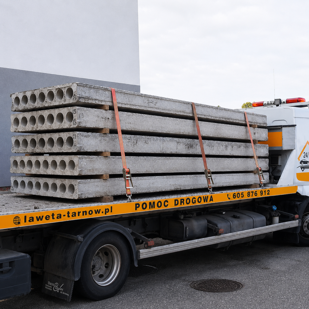 Transport prefabrykatów budowlanych lawetą w Tarnowie